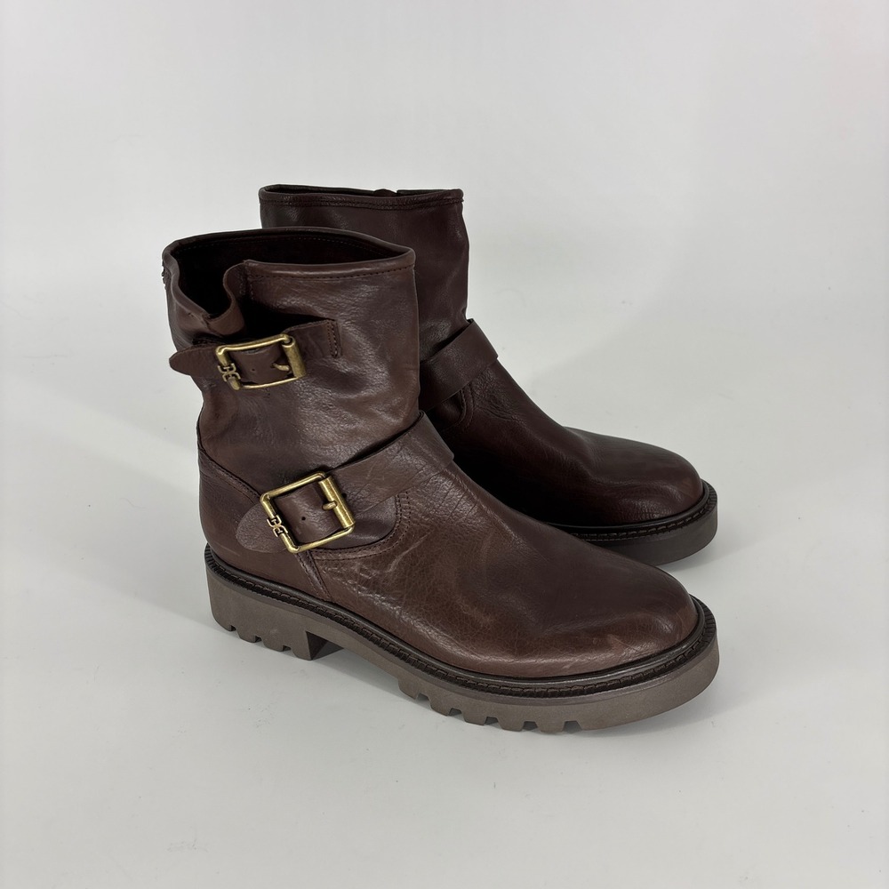 Sam Edelman Kinsley Lug Biker Booties Cocoa Brown Women Size 6.5 Leather Buckles